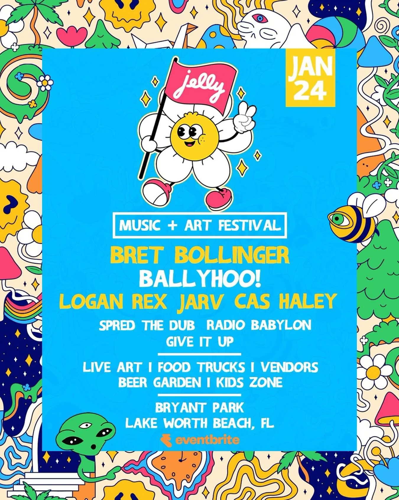 Due to overwhelming demand, the Jelly Music &amp; Art Festival featuring Bret Bollinger, Ballyhoo!, Logan Rex, Jarv, &amp; Cas Haley is getting even bigger&mdash;and now it&rsquo;s family friendly! 🎉 Join us at Bryant Park in Lake Worth Beach, FL fo