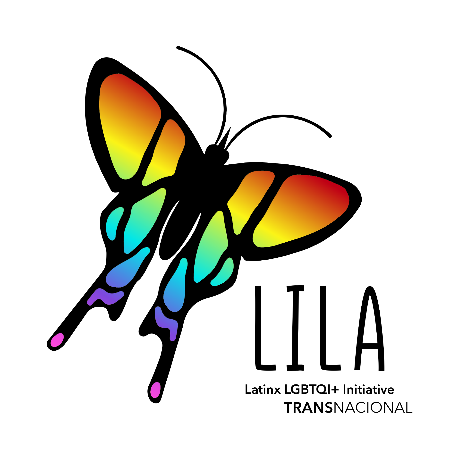 Colorful outline of a butterfly with rainbow hues on a black background.
