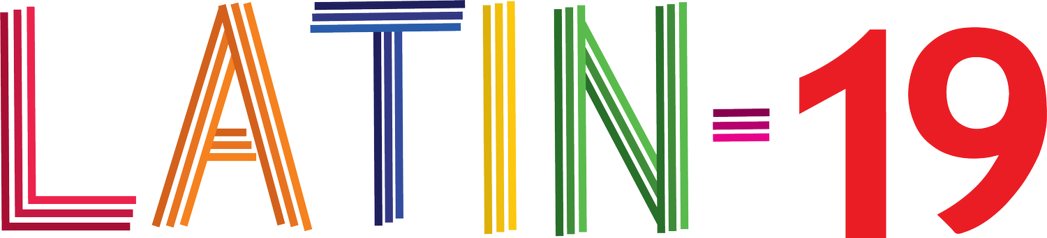 Colorful neon-style text spelling 'LATIN 19' on a gray background.
