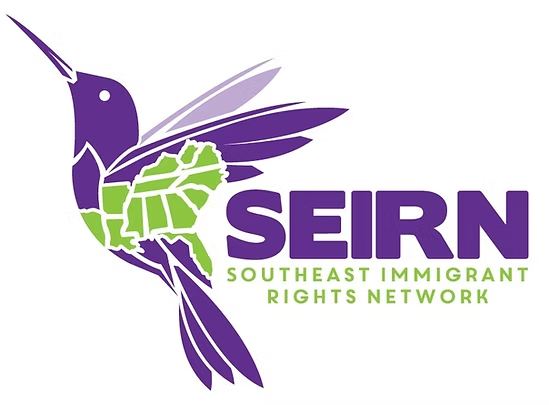 Logo of SEIRN Southeast Immigrant Rights Network featuring a stylized hummingbird with a map of the southeastern United States as its body.