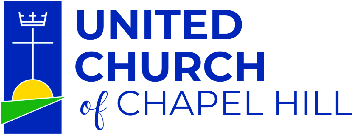 Logo of the United Church of Chapel Hill with a blue background, a white stylized cross with a crown, a yellow semi-circle representing the sun, and green and white lines representing the landscape.