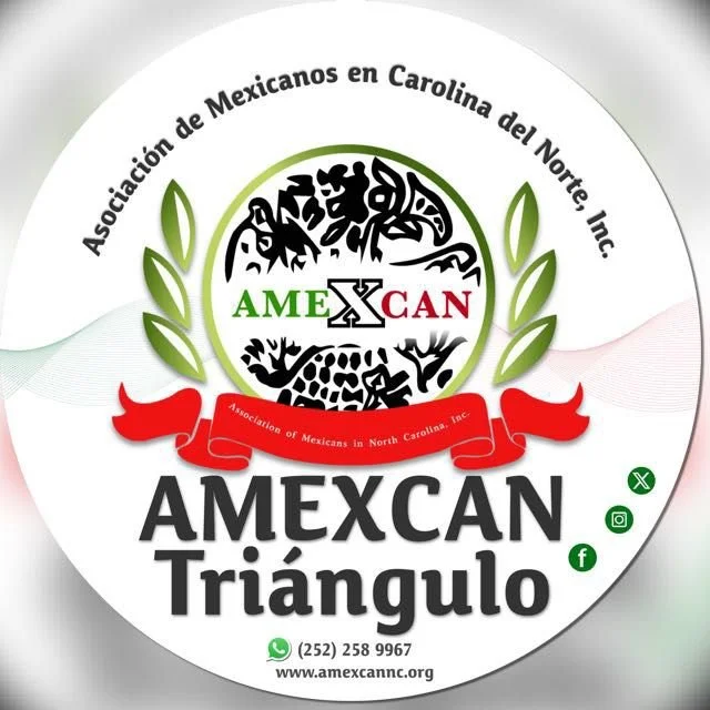 Circular logo for AMEXCAN with black and green Mexican-themed design, red ribbon banner, and text indicating the association of Mexicans in North Carolina, Inc.