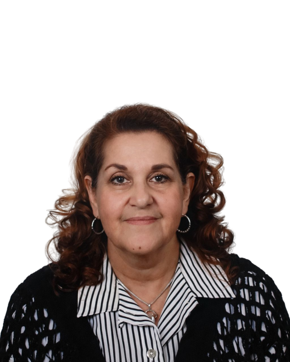 A middle-aged woman with wavy brown hair, wearing a striped blouse, black cardigan, hoop earrings, and a necklace, smiling softly against a black background.