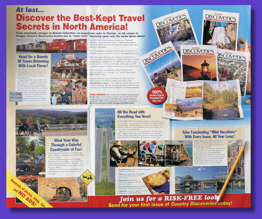 A colorful travel brochure titled 'Discover the Best-Kept Travel Secrets in North America!' promoting travel destinations in British Columbia, Florida, Oregon, and Nevada featuring images of trains, waterfalls, scenic landscapes, and outdoor activities.