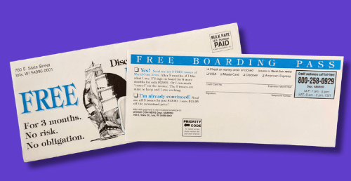 Two free boarding passes on purple background. One says "FREE For 3 months. No risk. No obligation," and the other says "FREE BOARDING PASS" with additional flight details.