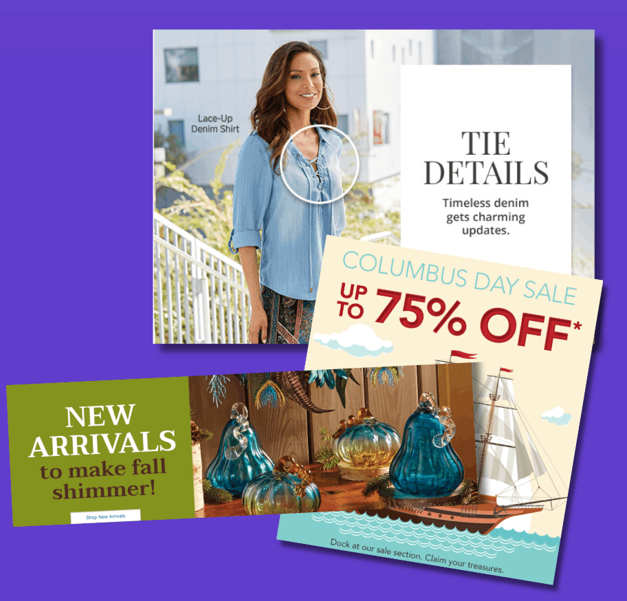 A woman outdoors wearing a lace-up denim shirt, smiling. Overlaid promotional graphics advertise a Columbus Day sale with discounts up to 75% off, new fall arrivals, and features like tie details on clothing. The background is purple.