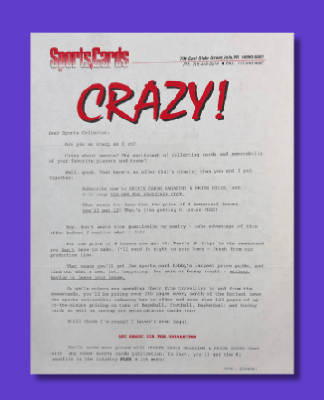 A letter on white paper with the word "CRAZY!" in large, bold red letters at the top and the words "Sports Gears" in smaller red text above it. The letter appears to be clippings or a humorous note, with the background being purple.