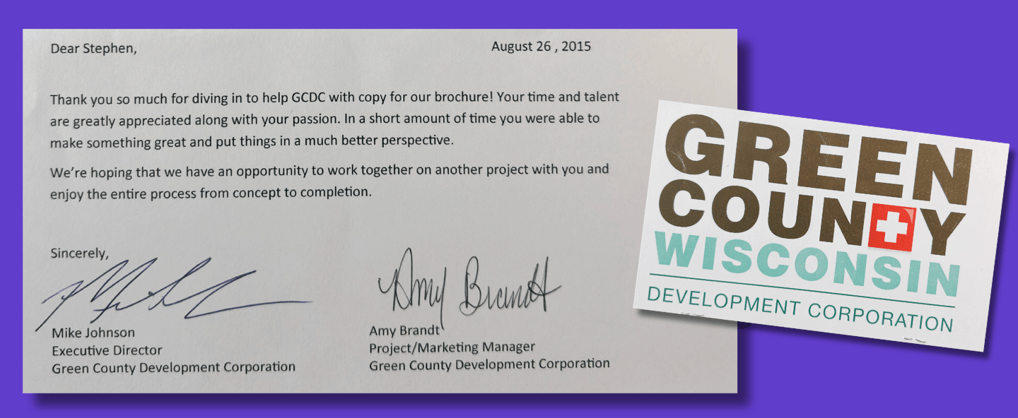Letter from Green County Development Corporation dated August 26, 2015, with signatures from Mike Johnson and Amy Brandt. Next to the letter is a sticker or sign with the text 'Green County Wisconsin Development Corporation' and a logo of a red cross.