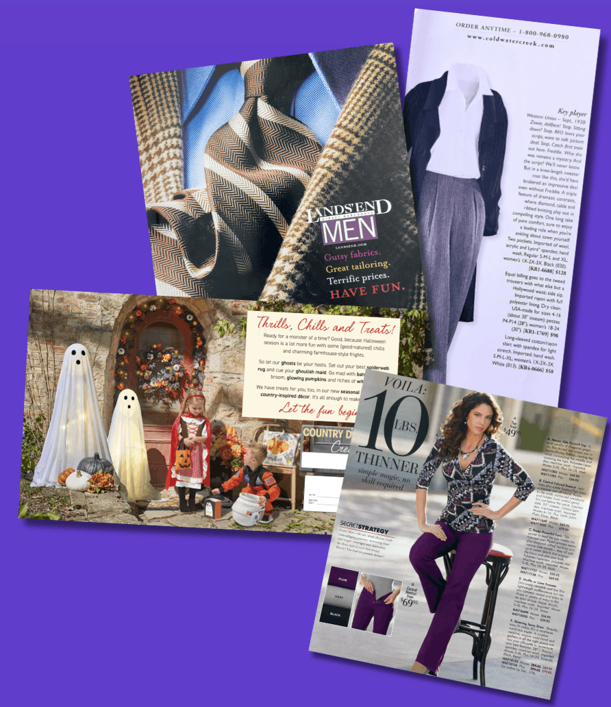 A collage of four magazine pages and a holiday-themed outdoor display against a purple background, featuring fashion, home decor, and Halloween decoration photos.