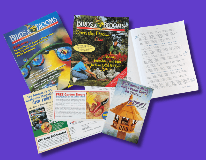 Collection of flyers and magazines related to birds, bird feeding, and gardening. Items include a magazine titled 'Birds & Blooms,' a flyer about garden shears, a brochure about Amish-made bird feeders, and other promotional materials on a purple background.