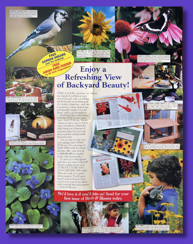 A collage of outdoor garden and backyard scenes featuring birds, flowers, children, and butterflies, with colorful informational text and magazine pages about backyard beauty and bird watching.
