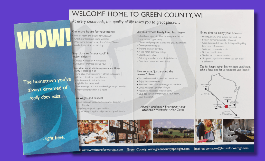 A brochure and a flyer promoting Green County, Wisconsin. The brochure highlights local attractions and qualities, while the flyer emphasizes the hometown spirit and local experiences with imagery of people, landscapes, and activities.