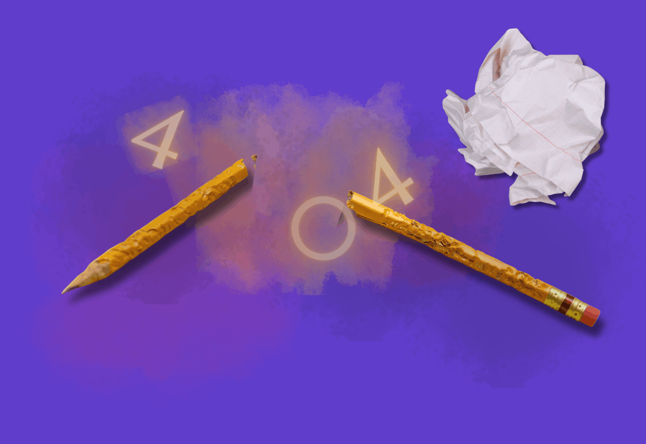 A crumpled piece of white paper, two yellow pencils, and glowing illuminated symbols of the number four on a purple background.