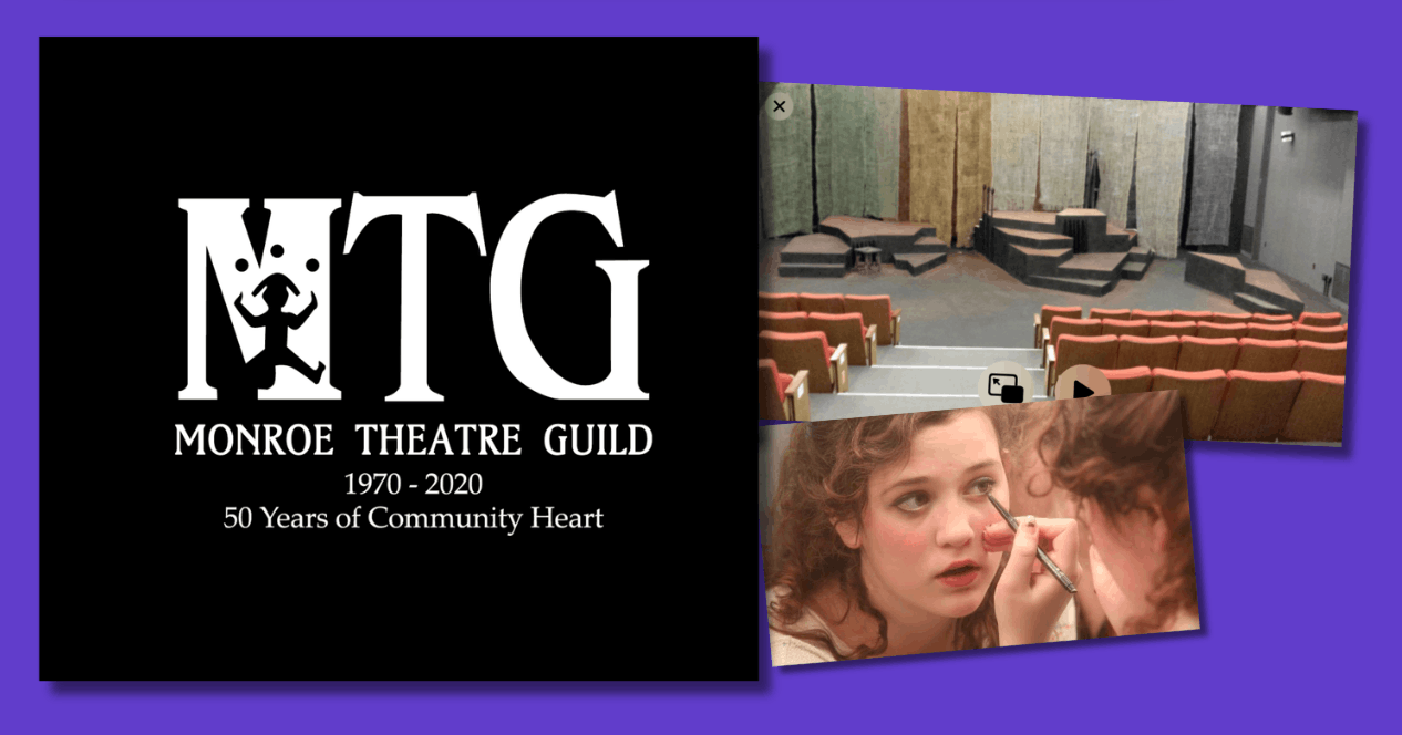 Memorial for Monroe Theatre Guild, 1970-2020, celebrating 50 years, with images of a theater stage, an auditorium with seats, and a scene of a woman applying makeup.