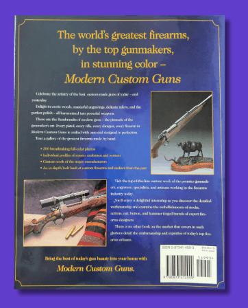 Back cover of a firearm catalog promoting modern custom guns, featuring a bullImage, and text describing custom gun craftsmanship.