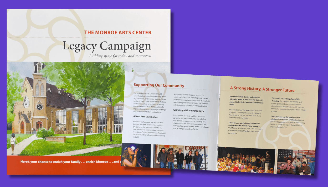 Brochure for Monroe Arts Center's Legacy Campaign, featuring illustrations of the building, a tree, and photos of community events on the inside pages.