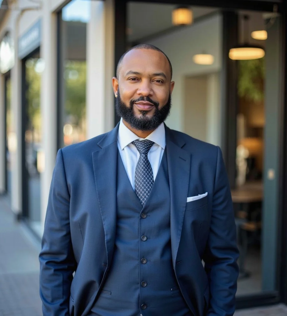A man in a navy blue suit, white shirt, and patterned tie standing outdoors in front of a modern building, smiling at the camera.