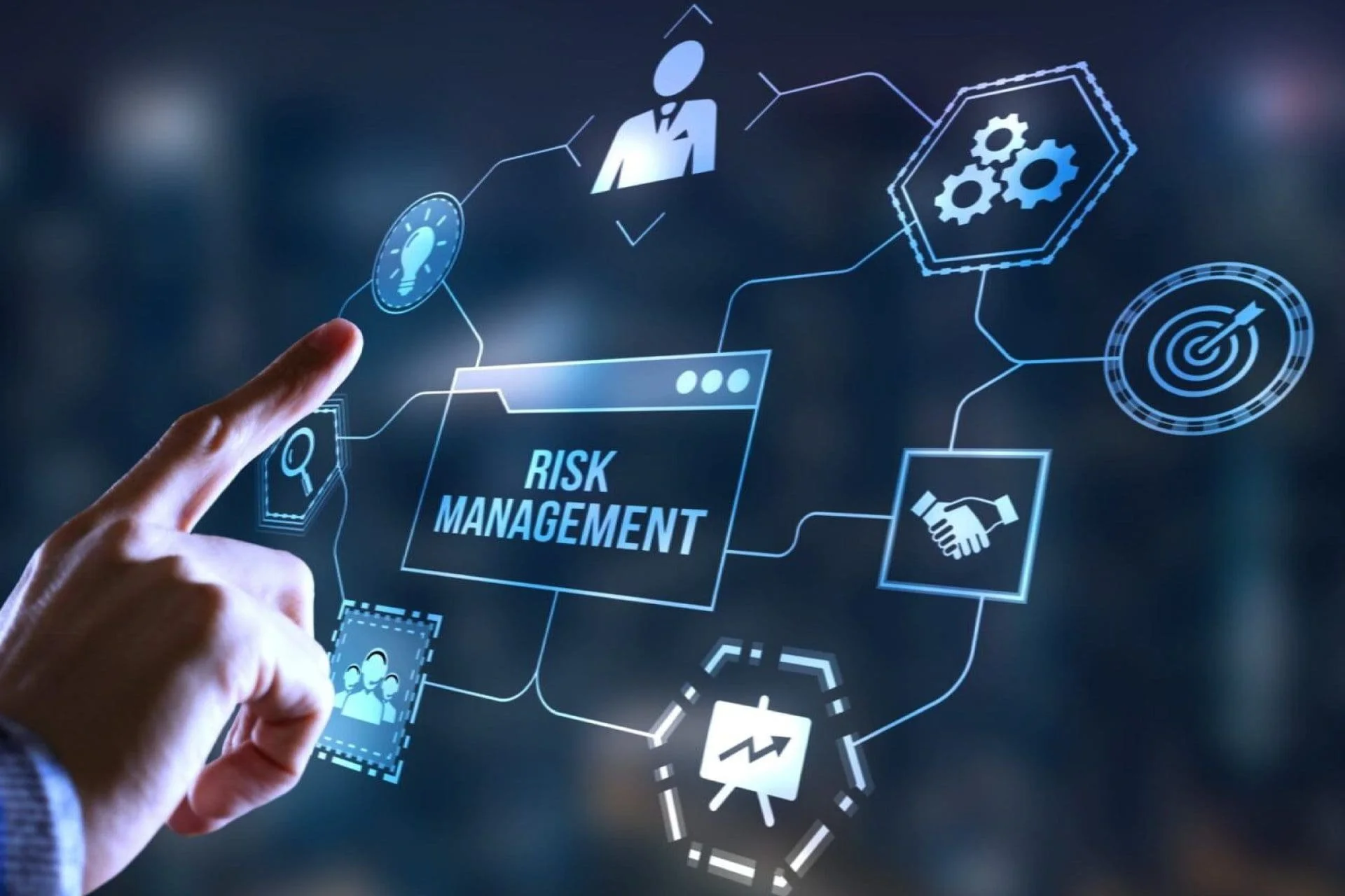 Digital illustration of risk management concepts. A person's hand points at a screen displaying icons such as gears, target, handshake, lightbulb, magnifying glass, and people related to risk management.