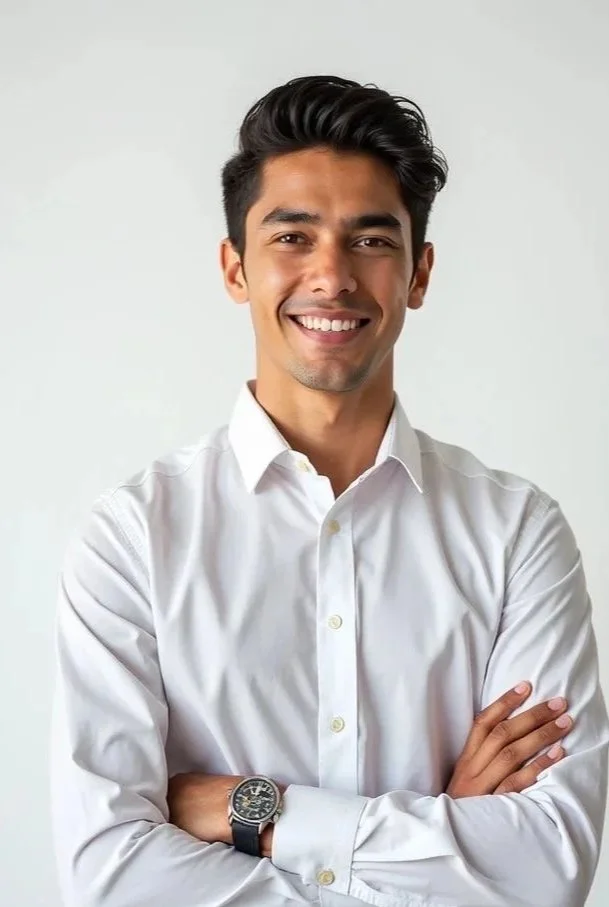Young man with dark hair and a white shirt smiling with arms crossed against a plain light background.