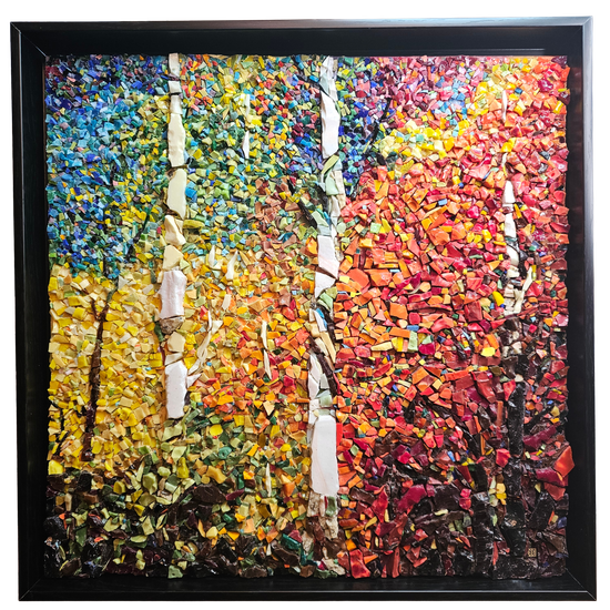 image of forest in autumn in mosaic with tiny pieces of colored glass  and stone