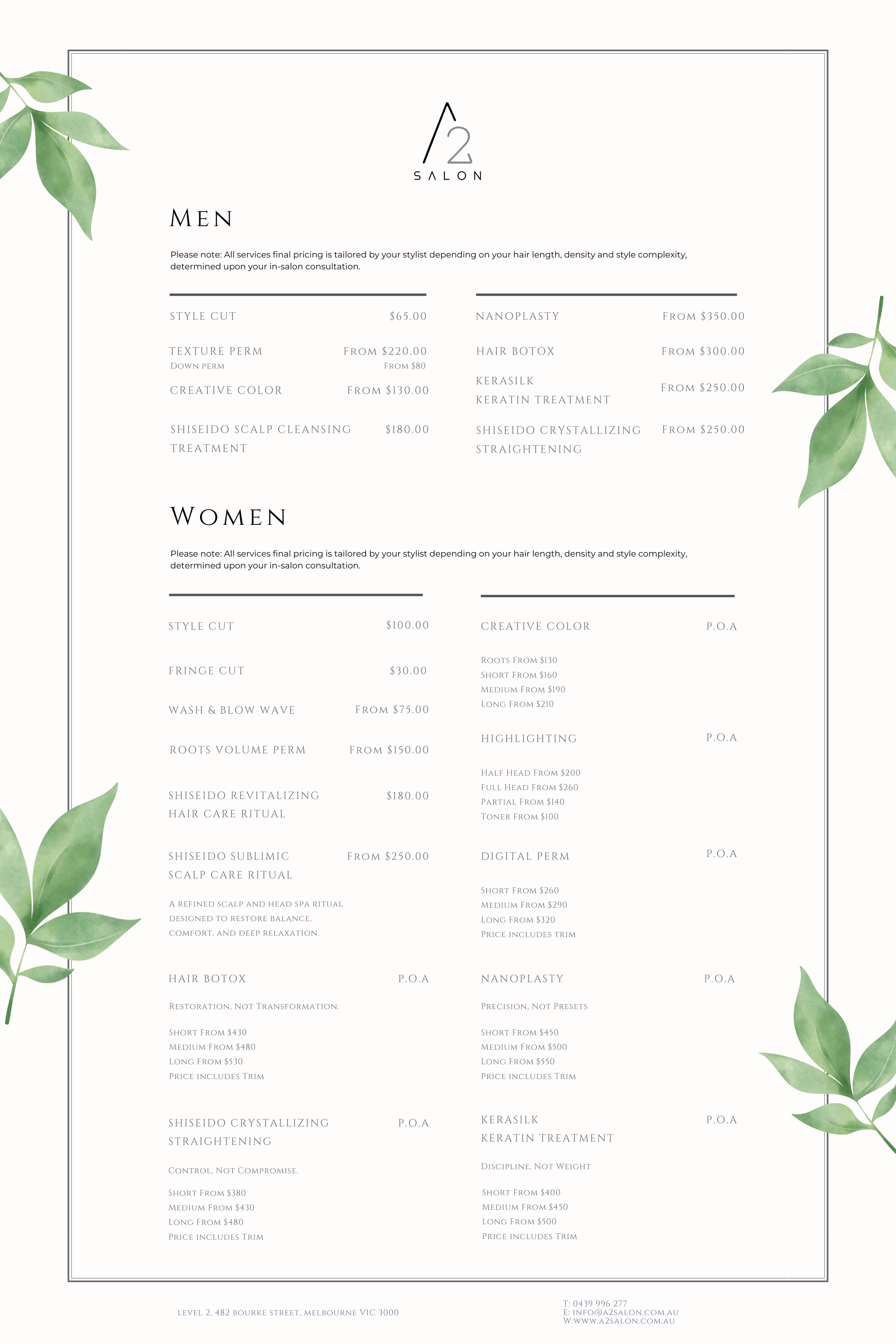 A salon menu displaying services and prices for men and women, with green leafy decorations in the corners and contact information at the bottom.