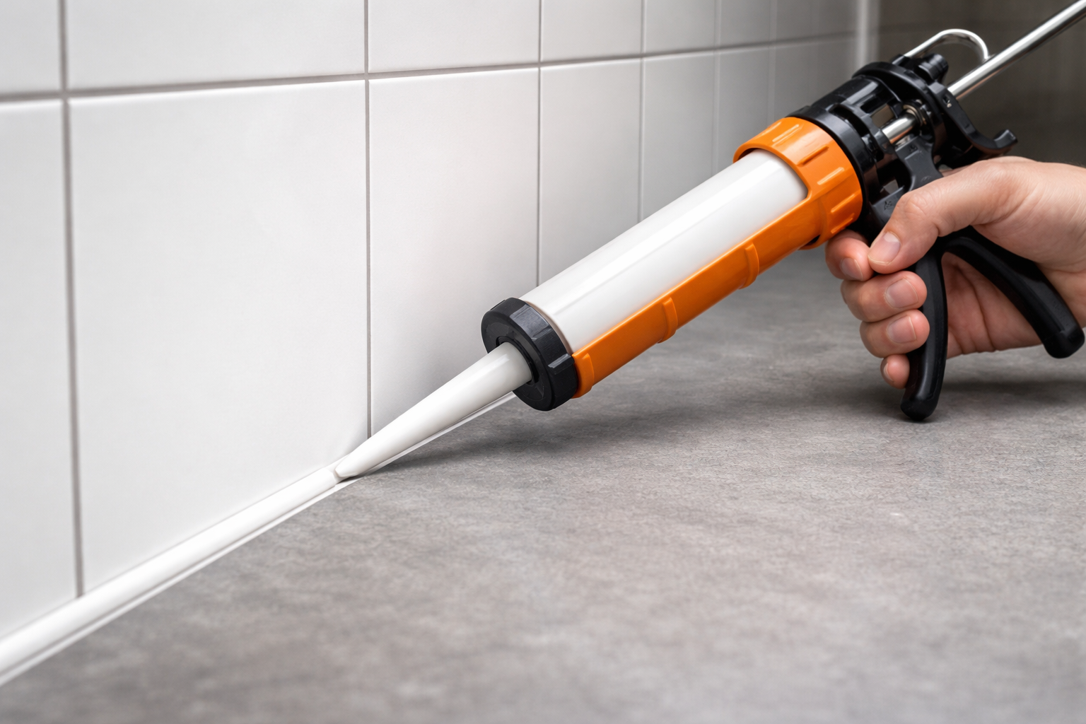 Persoon die een kitpistool gebruikt om siliconenkit aan te brengen langs een tegelrand op de vloer.