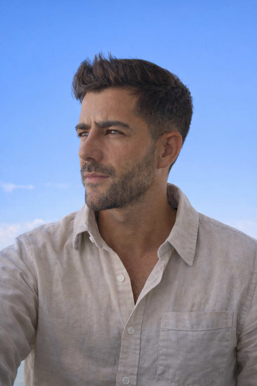 Joven hombre con barba y cabello corto, usando camisa de color claro, mira hacia la izquierda, con cielo azul de fondo.