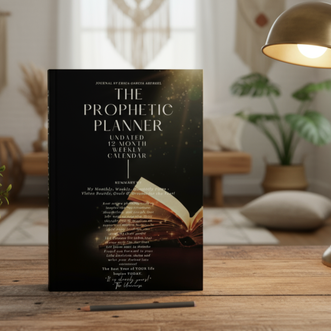 A black weekly planner titled "The Prophetic Planner" with an open book and glowing light effects on the cover, placed on a wooden desk in a cozy, well-lit room with plants and a desk lamp in the background.