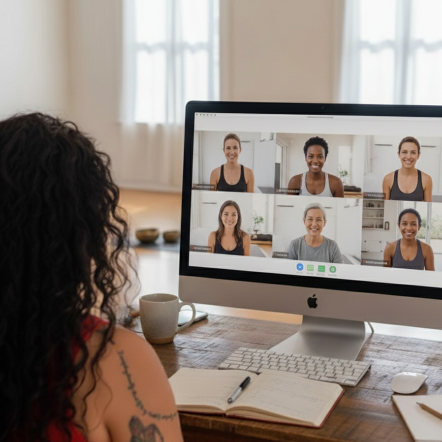 A woman with curly hair attends a virtual meeting on her desktop computer, which displays six smiling women in a video call.