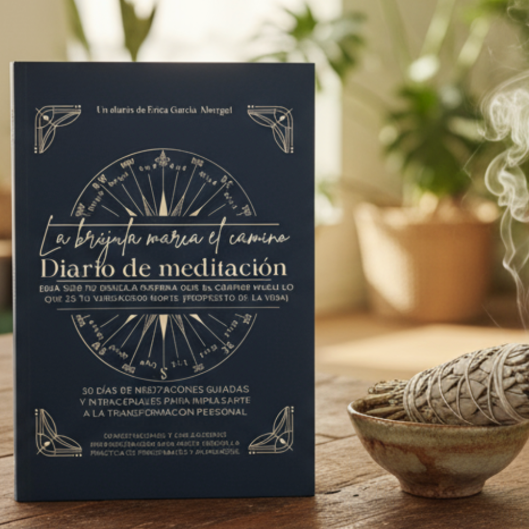 A blue meditation journal titled "La brújula para tu camino Diario de meditación" by Erica Garcia Merangel, with decorative elements on the cover, placed on a wooden surface next to a bowl of sage and a smoke bundle, with potted plants and a bright, cozy interior background.