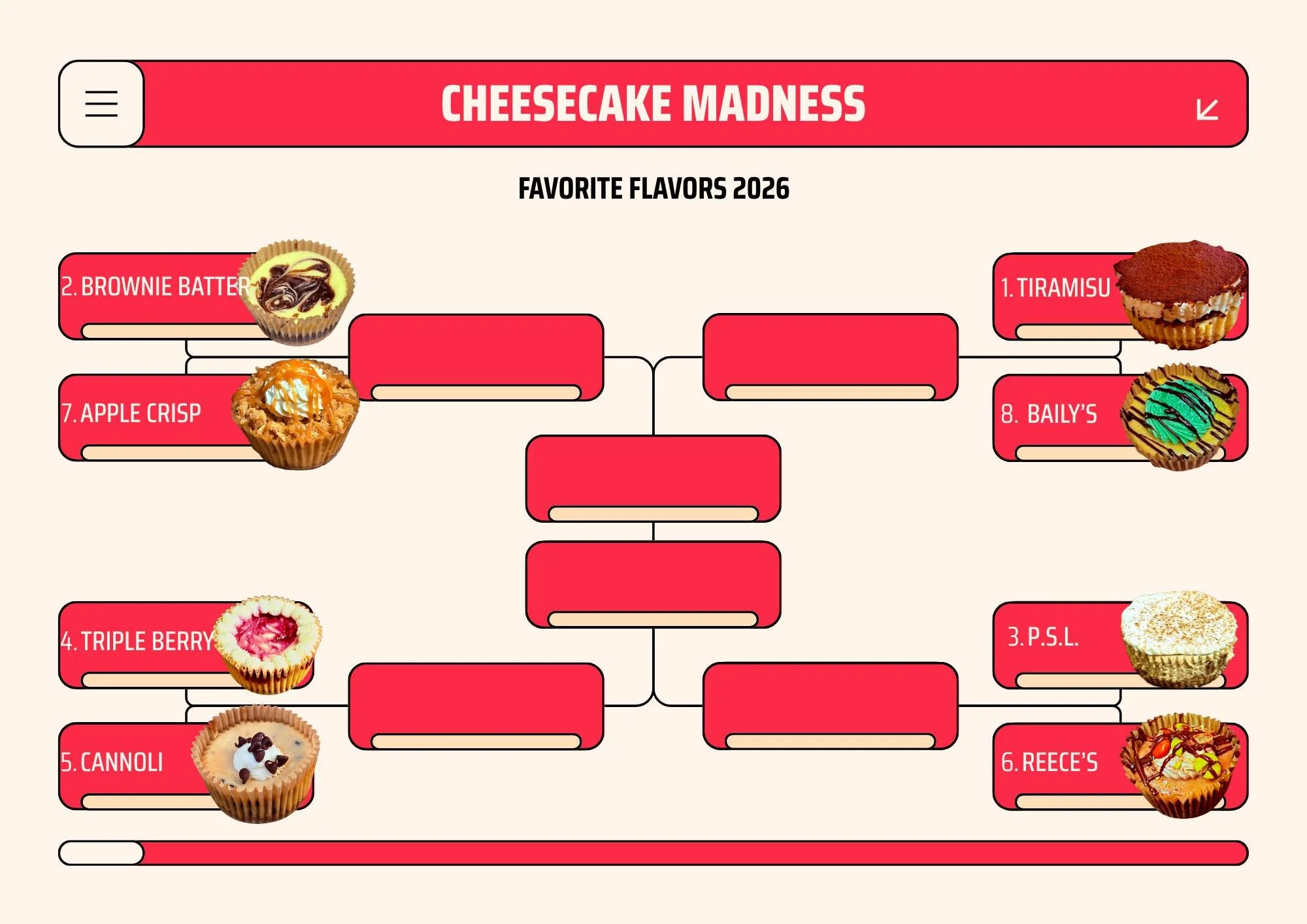 🏀🍰 THE MARCH (CHEEESECAKE) MADNESS IS HERE! 🏀🍰

The madness has officially reached the kitchen! We&rsquo;re kicking off Cheesecake Madness 2026 with a "Sweet 16" lineup that&rsquo;s truly a cut above the rest. It&rsquo;s a bracket fille