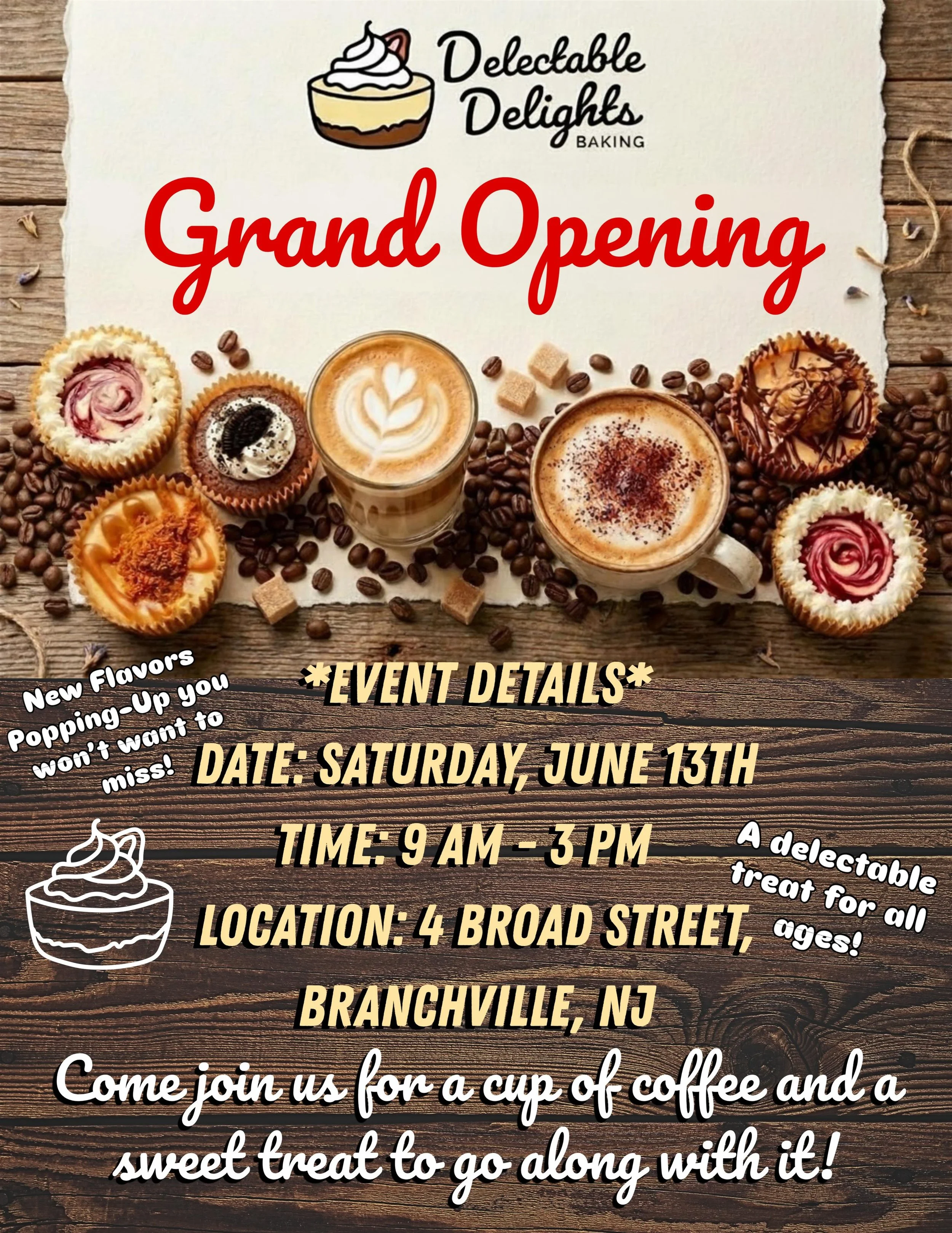 ☕️ Delectable Delights Grand Opening! 🍰
The timer just went off, and the wait is officially over! We&rsquo;ve been mixing, baking, and brewing behind the scenes, and now we are finally ready to open our doors and welcome you to the sweetest spot in 