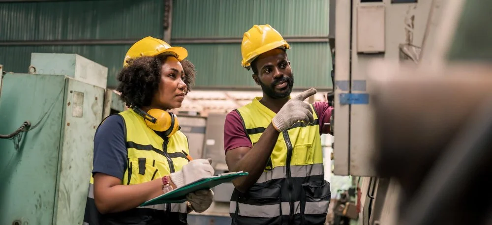 Two industrial workers, a woman and a man, wearing yellow safety helmets, yellow safety vests, and gloves, are inspecting equipment in a factory or industrial setting.