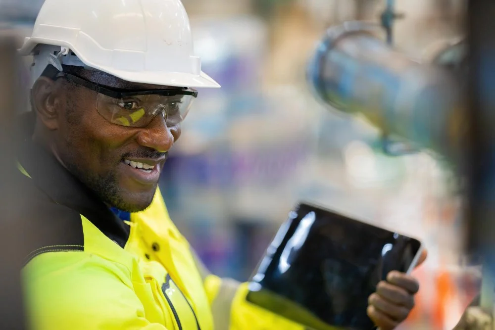 A smiling male industrial worker wearing a white hard hat, safety goggles, and a bright yellow safety jacket, holding a clipboard in an industrial setting with pipes in the background.