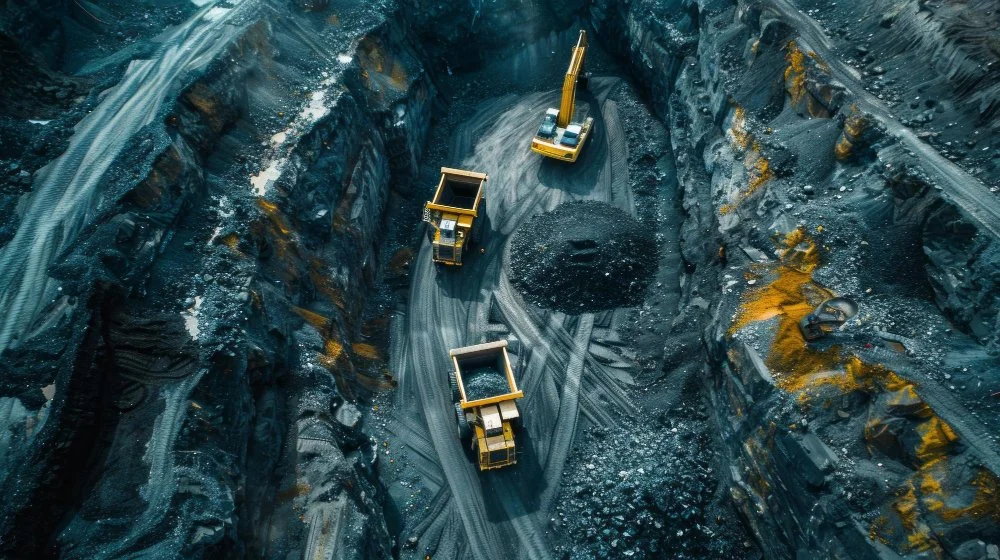 An open-pit mining operation with three large yellow trucks hauling black ore or rocks through a dark, rocky excavated area.