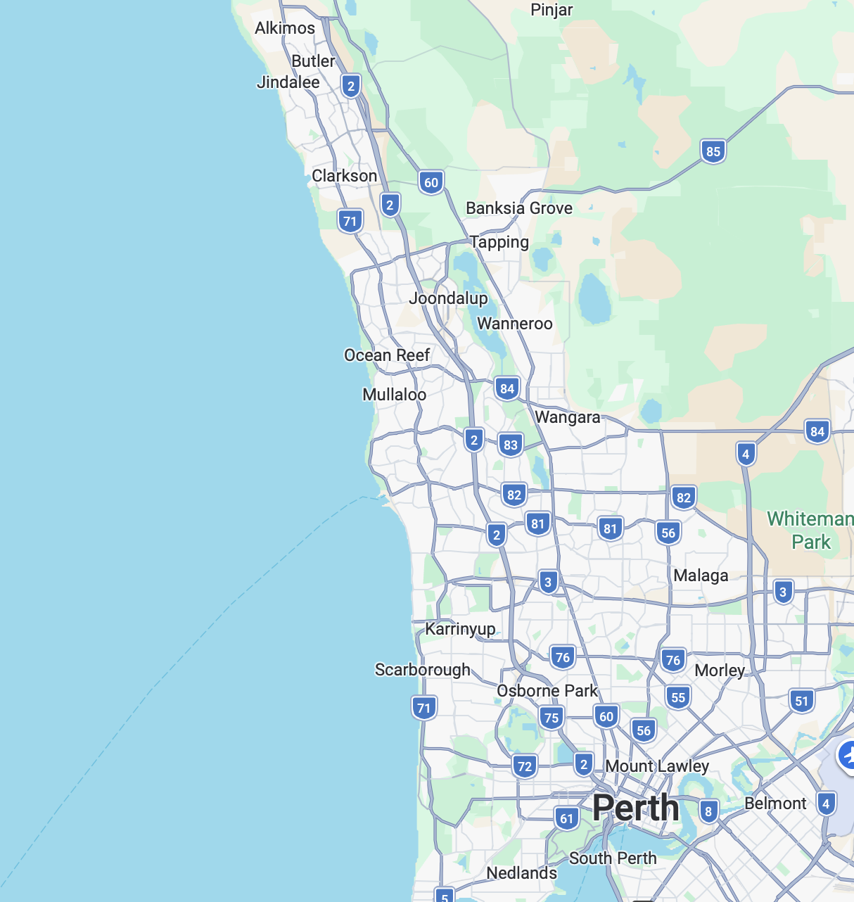 Map of Perth, Australia showing major roads and suburbs, including Scarborough, Fremantle, Joondalup, and the Perth CBD.