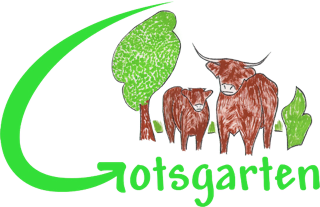 Children's drawing of a rainbow, green trees, two bison, and the word 'Otsgarten' in bright green.
