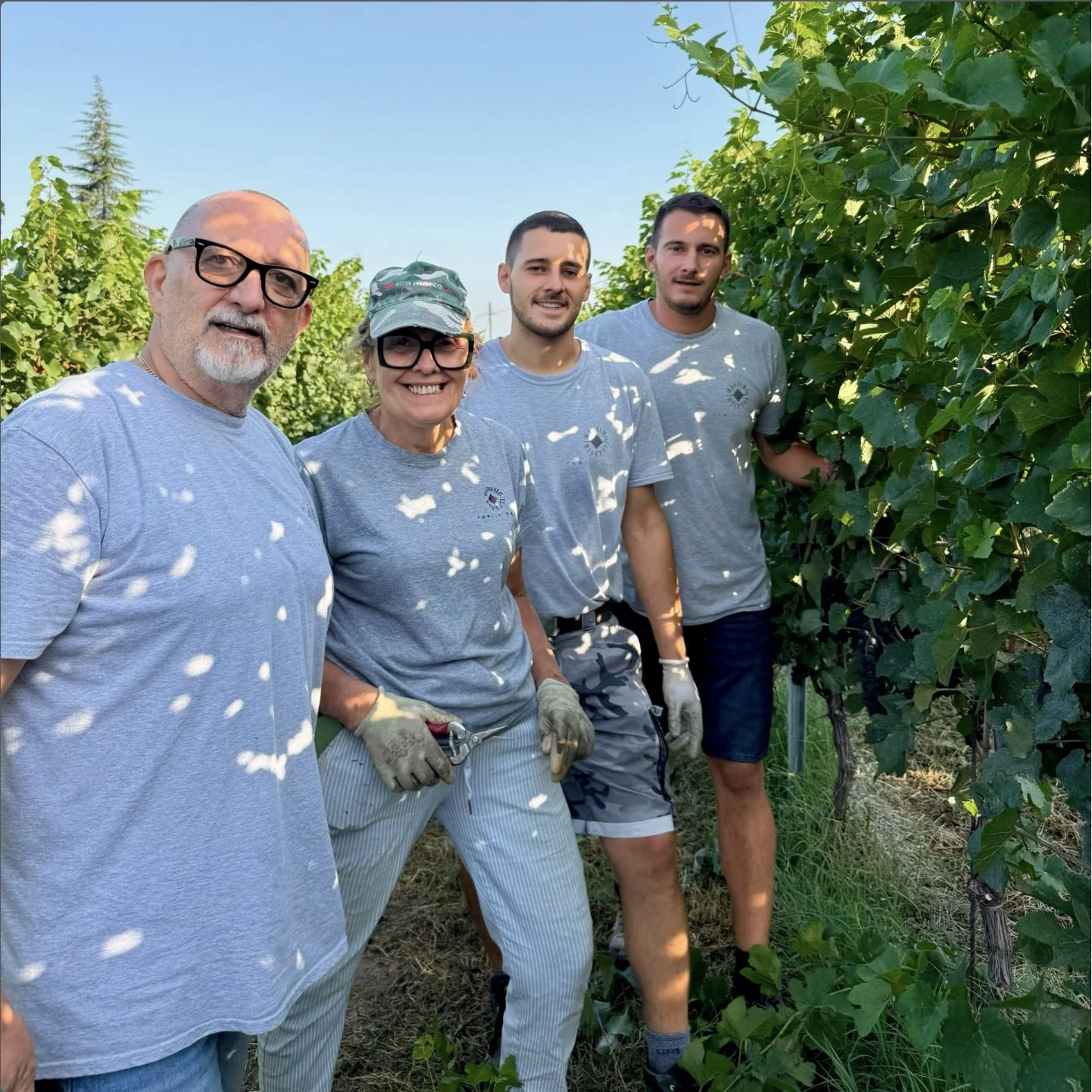 Five people standing outdoors among lush green plants, two women and three men, wearing casual clothing and gloves, enjoying a sunny day in what appears to be a vineyard or garden.