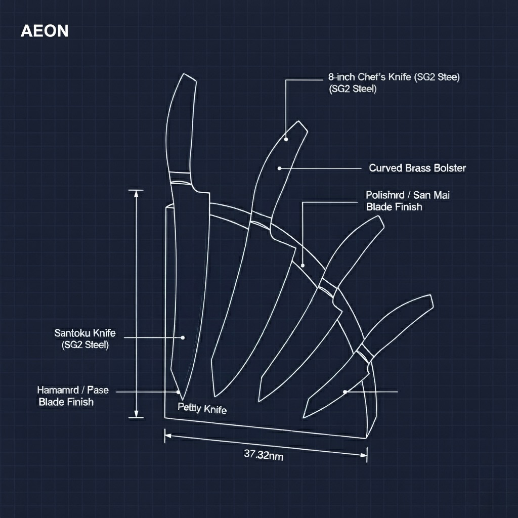 Blueprint schematic of Seki blade and ergonomic handle detailing precision geometry.