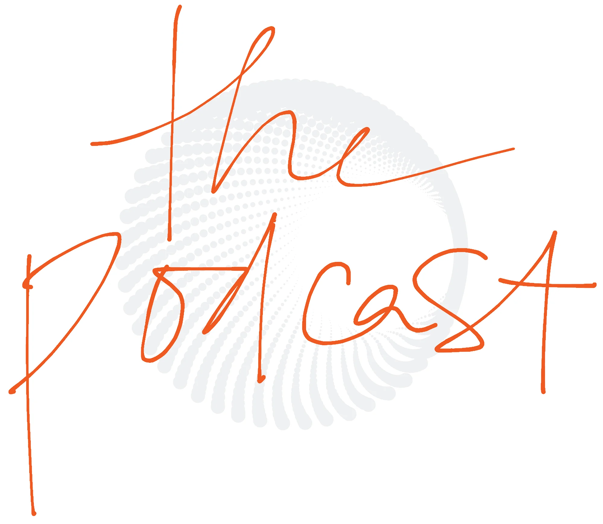 Text that reads 'the podcast' in orange handwritten script over a white background with a faint radial dot pattern.