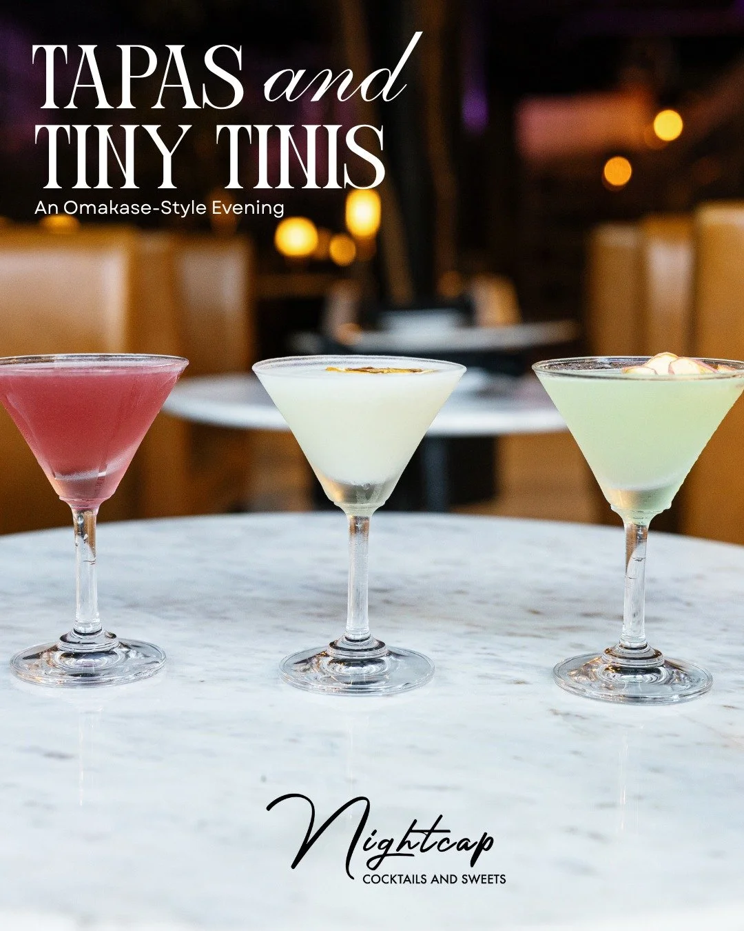 🍸✨ Tiny martinis. Bold flavors. A night full of surprises.
Join us at Nightcap Cocktails & Sweets every Tuesday–Thursday at 7:30 PM for Tapas & Tiny Tinis — an Omakase-style dining adventure where the chef leads the way and you