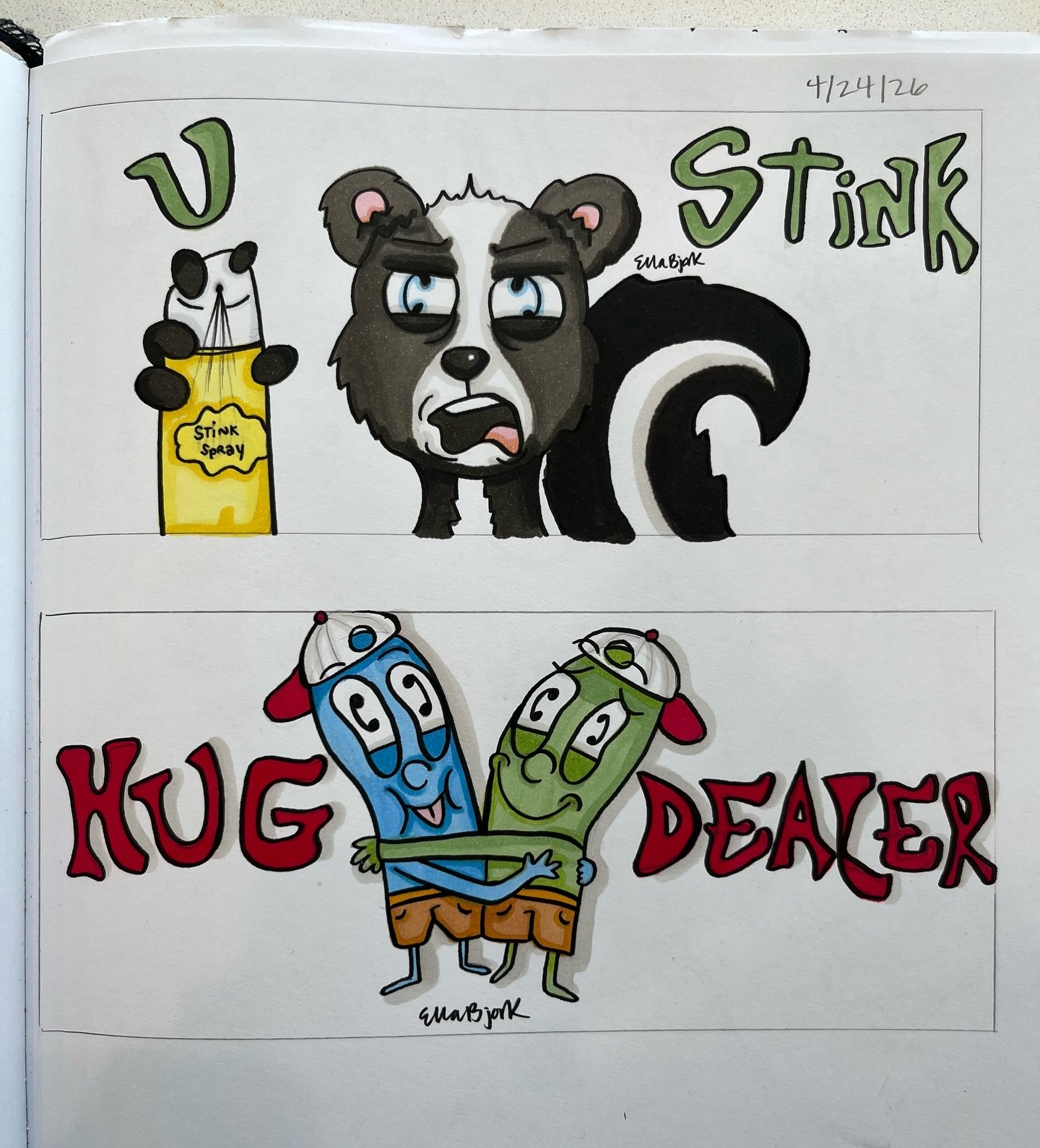 recent sketchbook pages 😸 drawn with copic sketch markers &amp; tombow drawing pens

a couple new original designs &amp; a mockup logo for my lil bro&rsquo;s band Dirty Dirt @wormsinthedirtydirt - new stickers &amp; prints available on my website ar