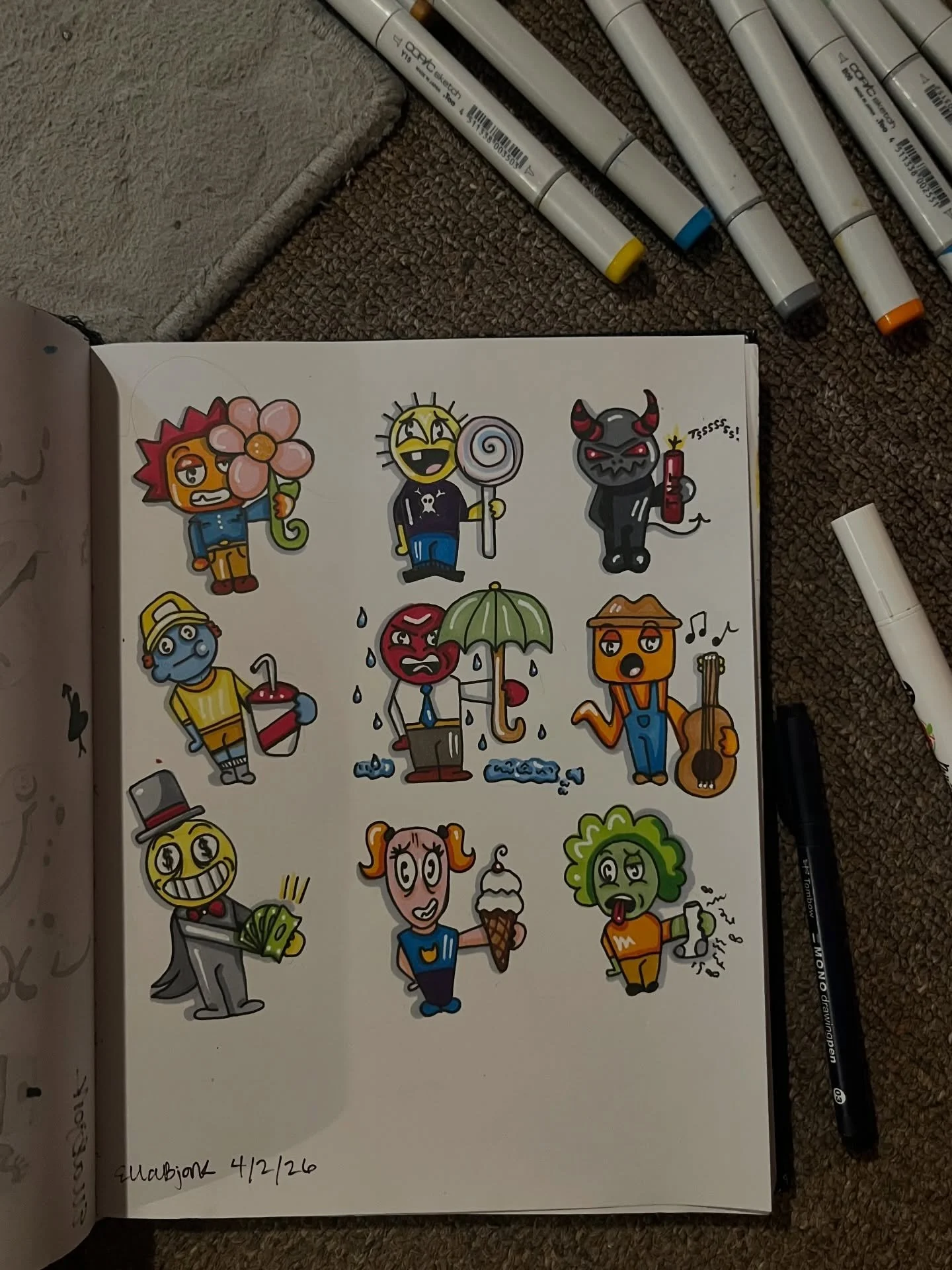 part 4️⃣ of my Doodleverse original character series- a new 9 piece sticker sheets available next week (AND part 1-3) online at artbyellabjork.com

drawn in my sketchbook with copic sketch markers &amp; tombow drawing pens 🌟 #illustration #character