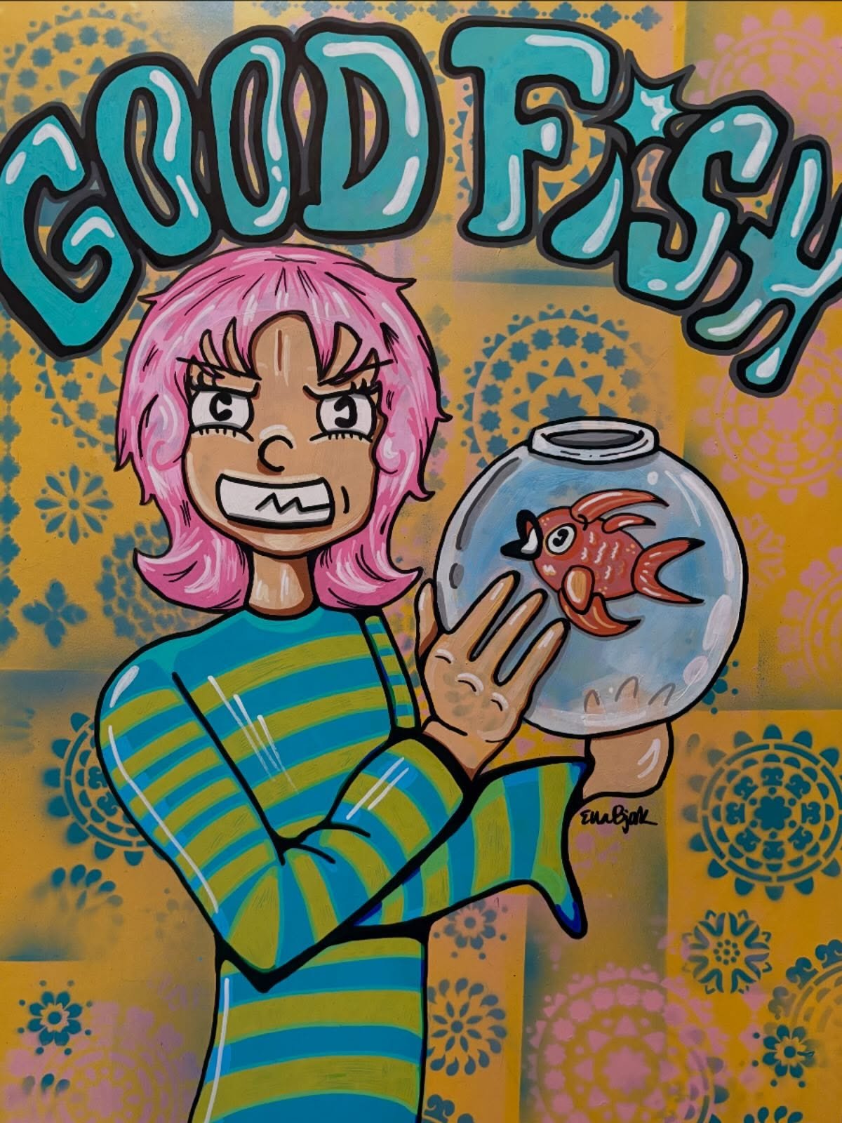 &ldquo;Good Fish&rdquo; part one of a new series I&rsquo;m starting for summer 2026! A combination of spray paint, acrylic paint &amp; Posca markers on a 19.5&rdquo; X 27.5&rdquo; recycled canvas board 🐠🩷⭐️ ready to hang &amp; available for purchas