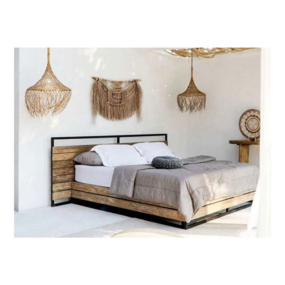 Miranda Bed with Headboard — Natural Wood & Black Metal