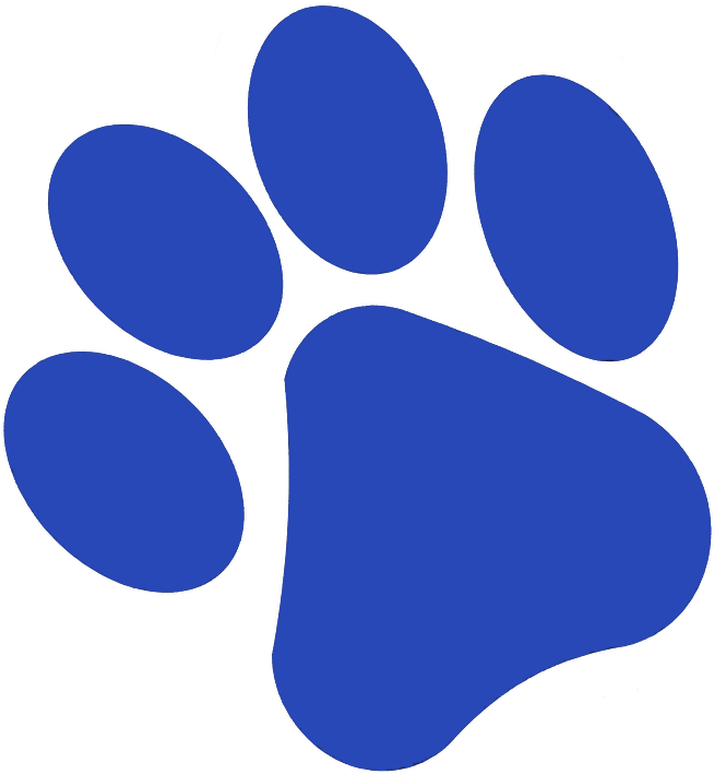 A large blue paw print on a black background.