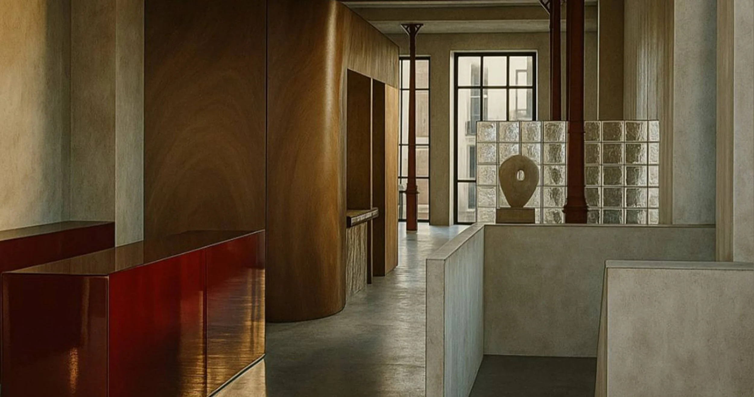 Interior d'un edifici modern amb parets de fusta i formigó, grans finestrals, una escultura i blocs de vidre decoratius.