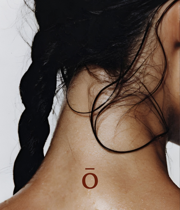 Close-up of a person's neck, with black braided hair and some loose strands, and a small tattoo of an 'o' with a macron upside down on the back of the neck.