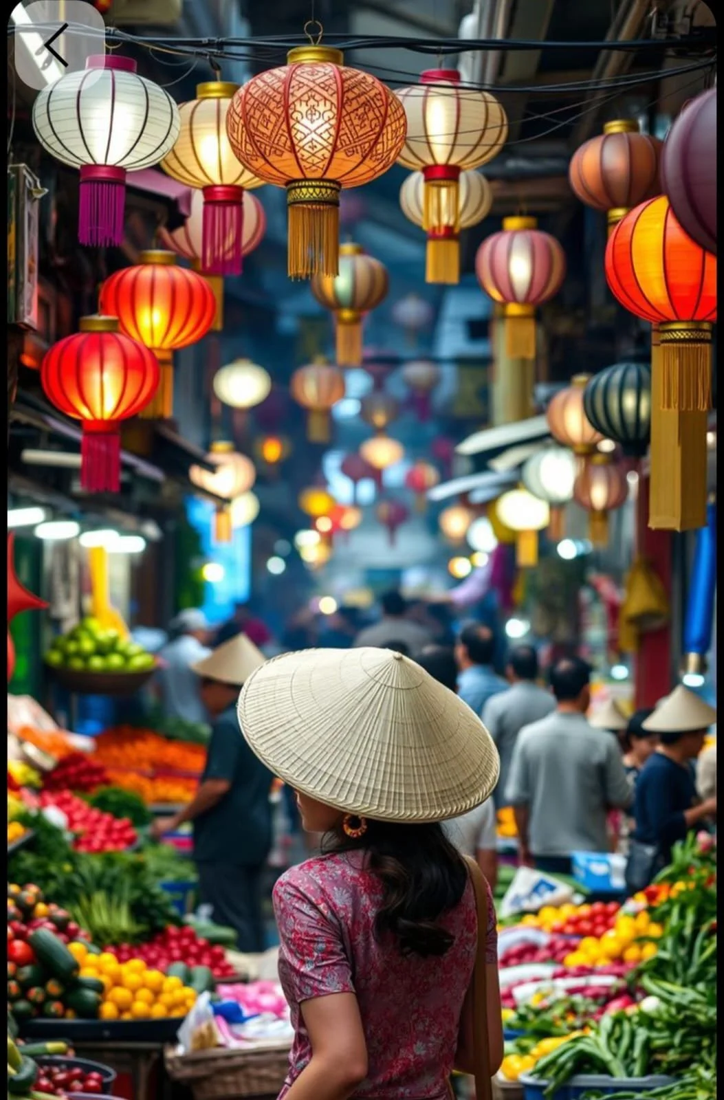 Bunte Laternen hängen über einem belebten Markt in einer asiatischen Stadt. Menschen tragen traditionelle Hüte, und es gibt einen Obst- und Gemüsestand.