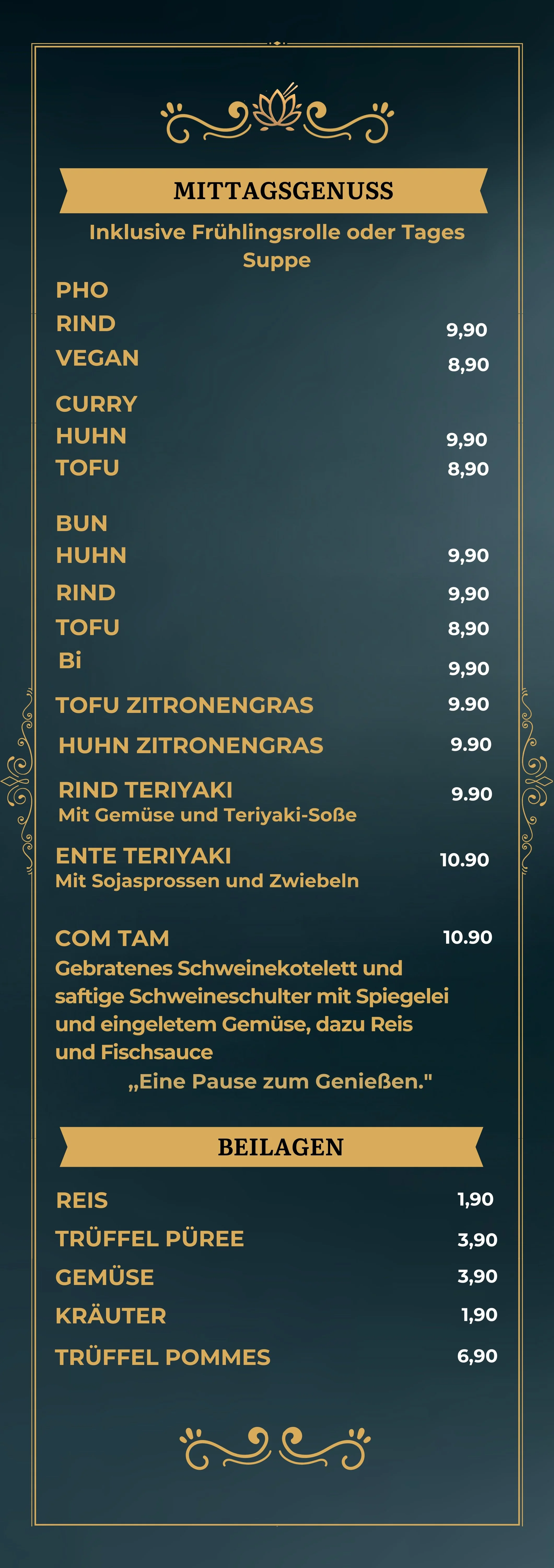 Speisekarte für Mittagessen mit Gerichten wie Pho, Rind, vegan, Curry, Hühnchen, Tofu, Buns, Zitronengras, Teriyaki mit Rind und Ente, sowie Beilagen wie Reis, Trüffelpüree, Gemüse, Kräuter und Pommes.